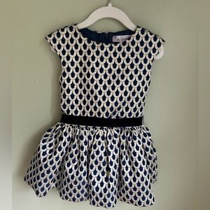 Halabaloo navy/gold holiday dress. Cap sleeve, full skirt, navy velvet tie. 2T